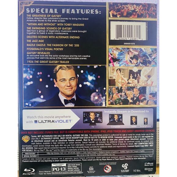 WB The Great Gatsby Film (Blu-ray, DVD + Ultraviolet 2013) Leonardo DiCaprio - Picture 2 of 2